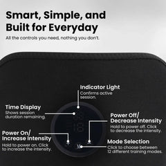 NextGen Ultra EMS muscle stimulator controls, time display and training modes