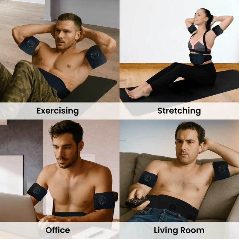 NextGen Ultra EMS muscle stimulator used while exercising, stretching, at the office and at home